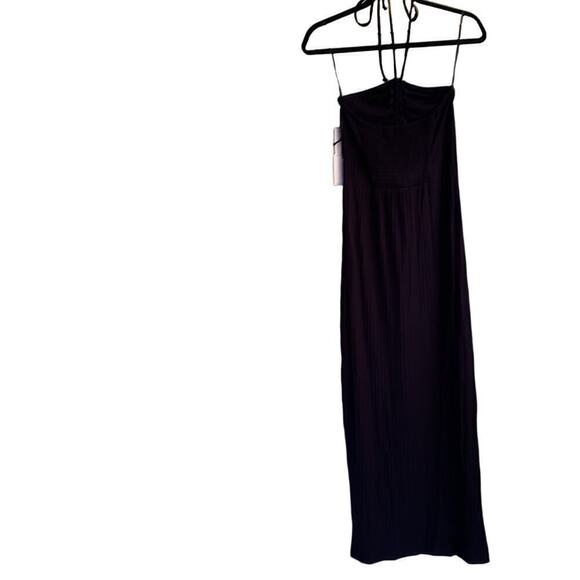 1. State Women’s Ribbed High Slit Halter Neckline Smocked Back Maxi Sz S Navy - Picture 4 of 8